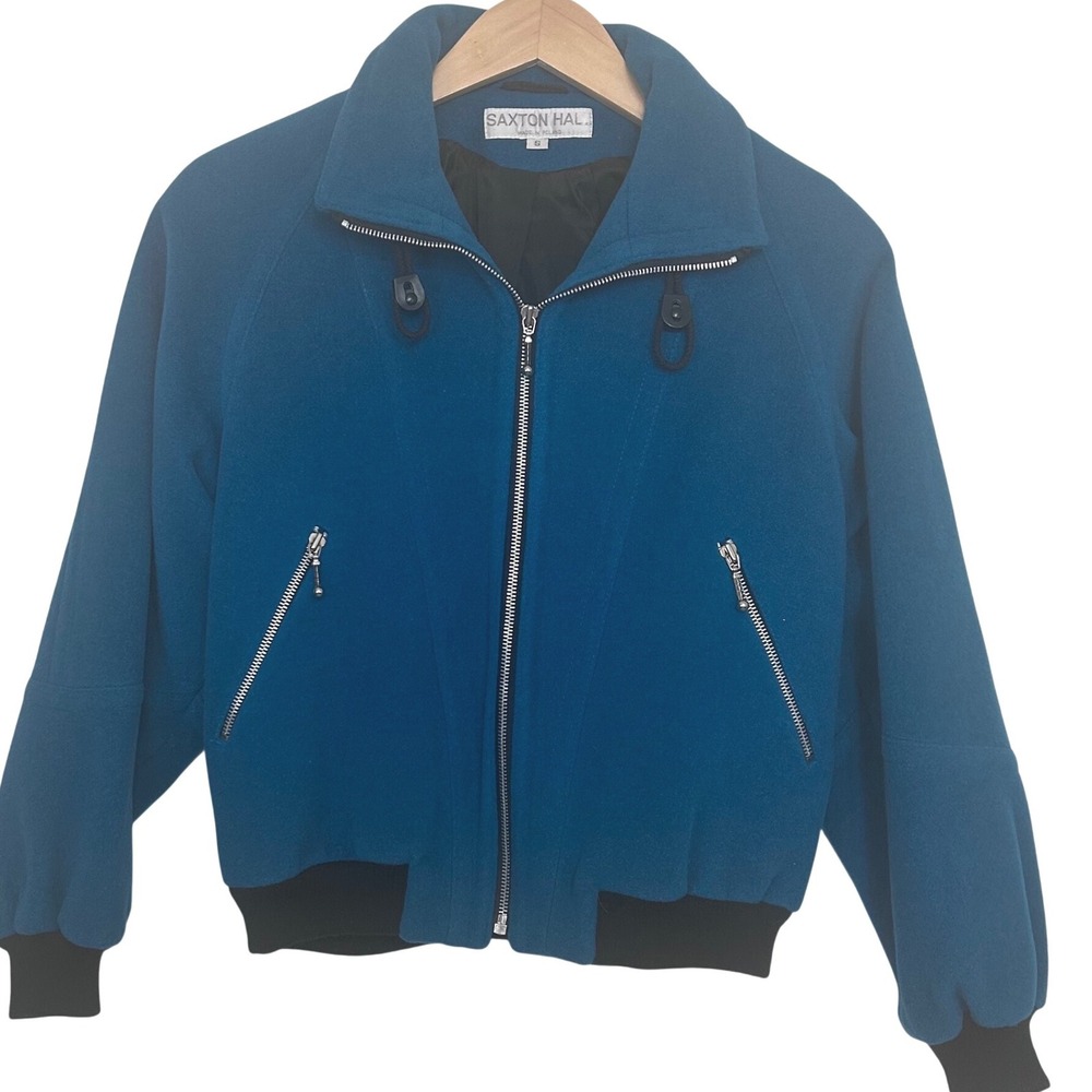 Saxton Hall Vintage Teal Blue Wool Bomber Jacket Women's S Zip Up Poland Retro